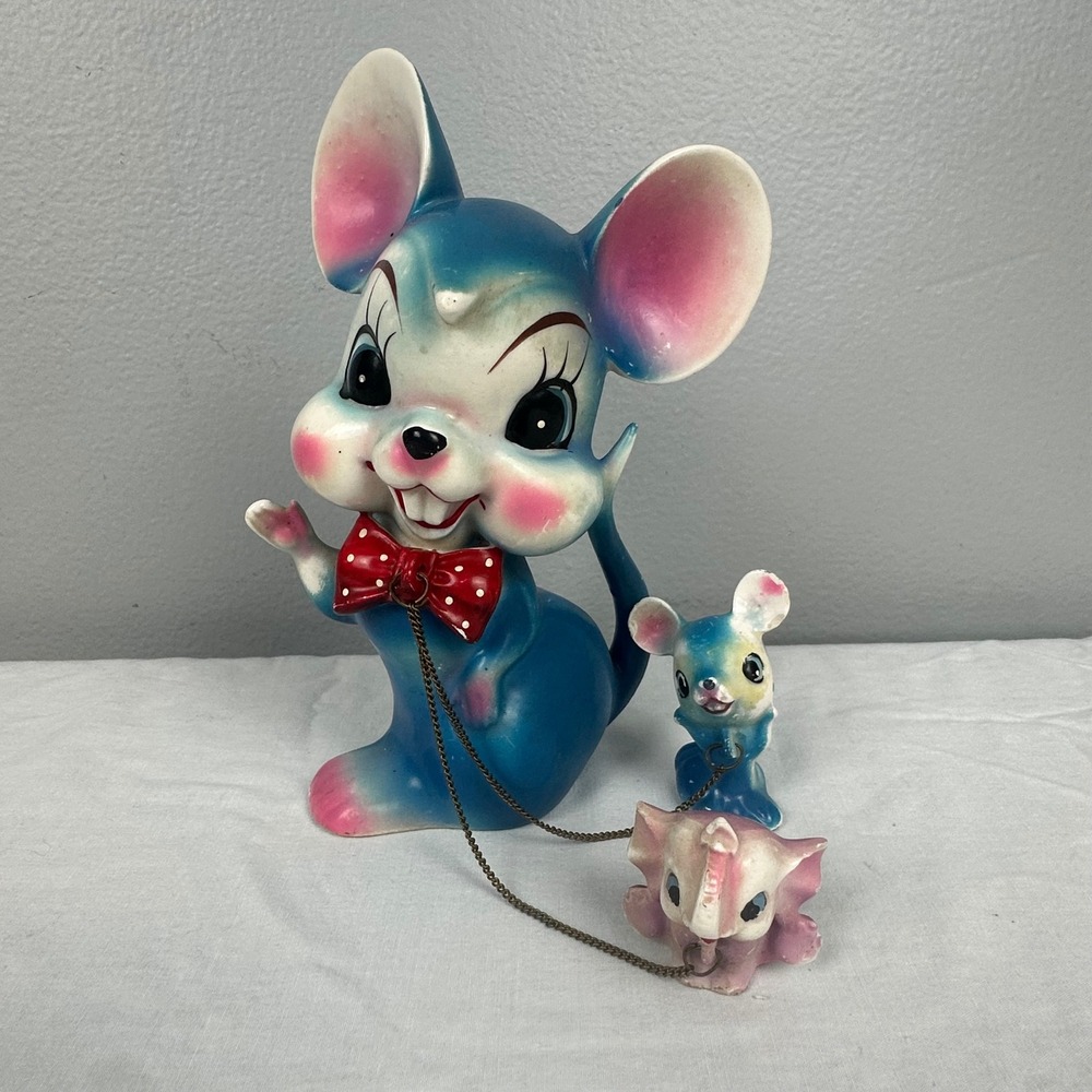 Arnat Blue Mouse Figurine Red Bow Tie Chained Elephant & Baby Mouse Kitsch VYG